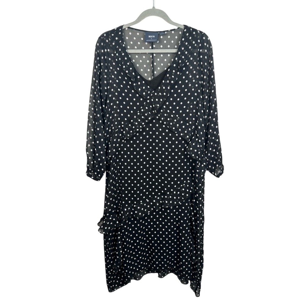 Anthropologie Maeve Midi Dress Women Small‎ Black Polka Dot Excellent Ruffle